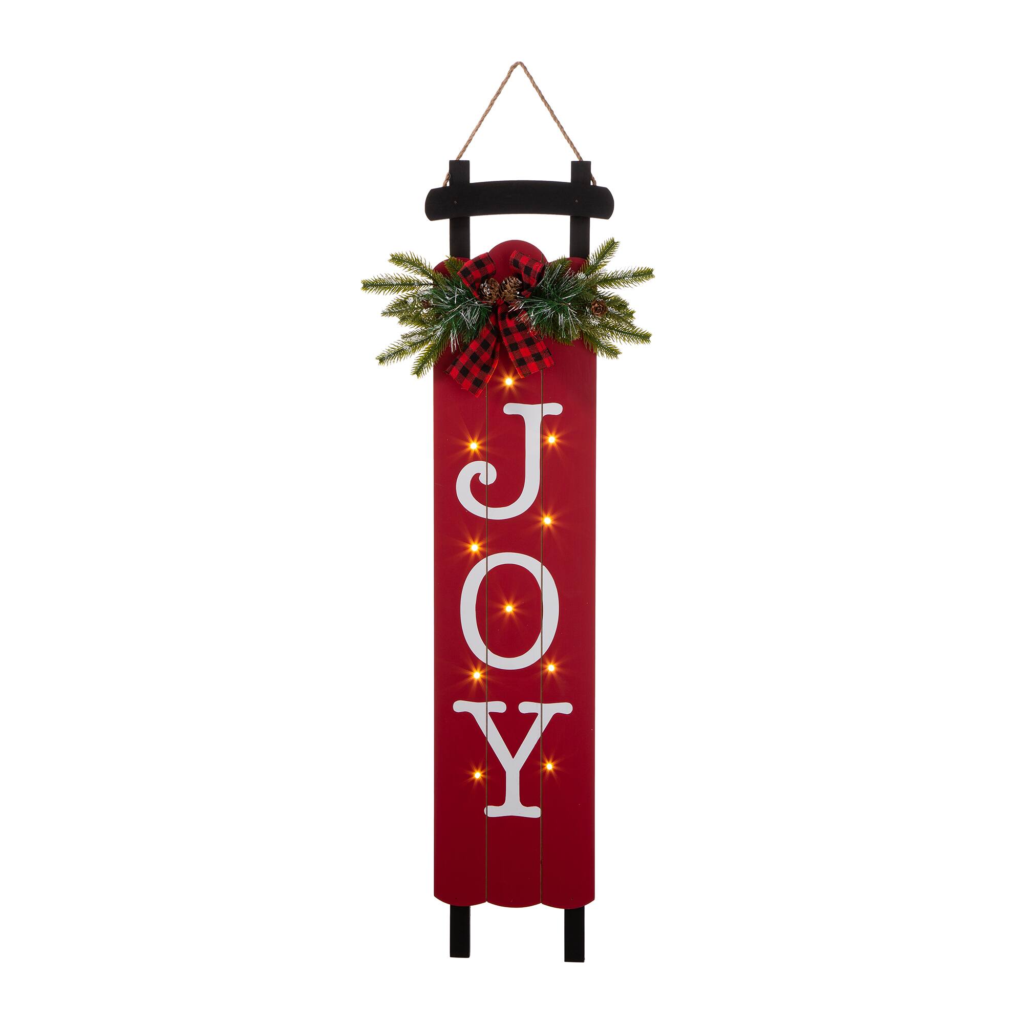 Glitzhome® 40" Lighted Wooden Sleigh JOY Porch Sign with Timer